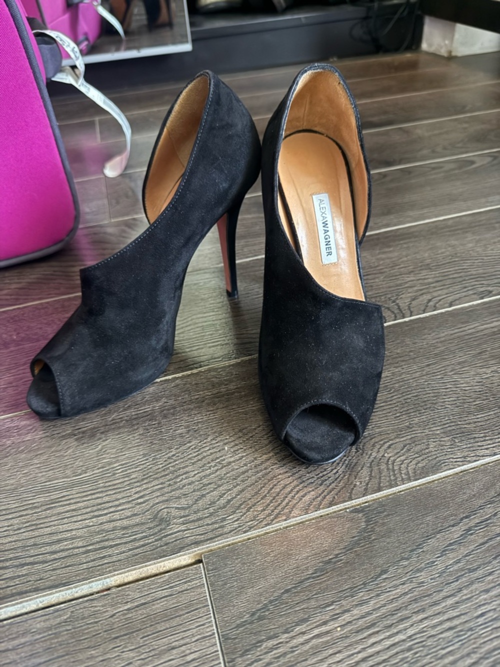 Alexa Wagner Black Suede Peep-Toe Stiletto Heels